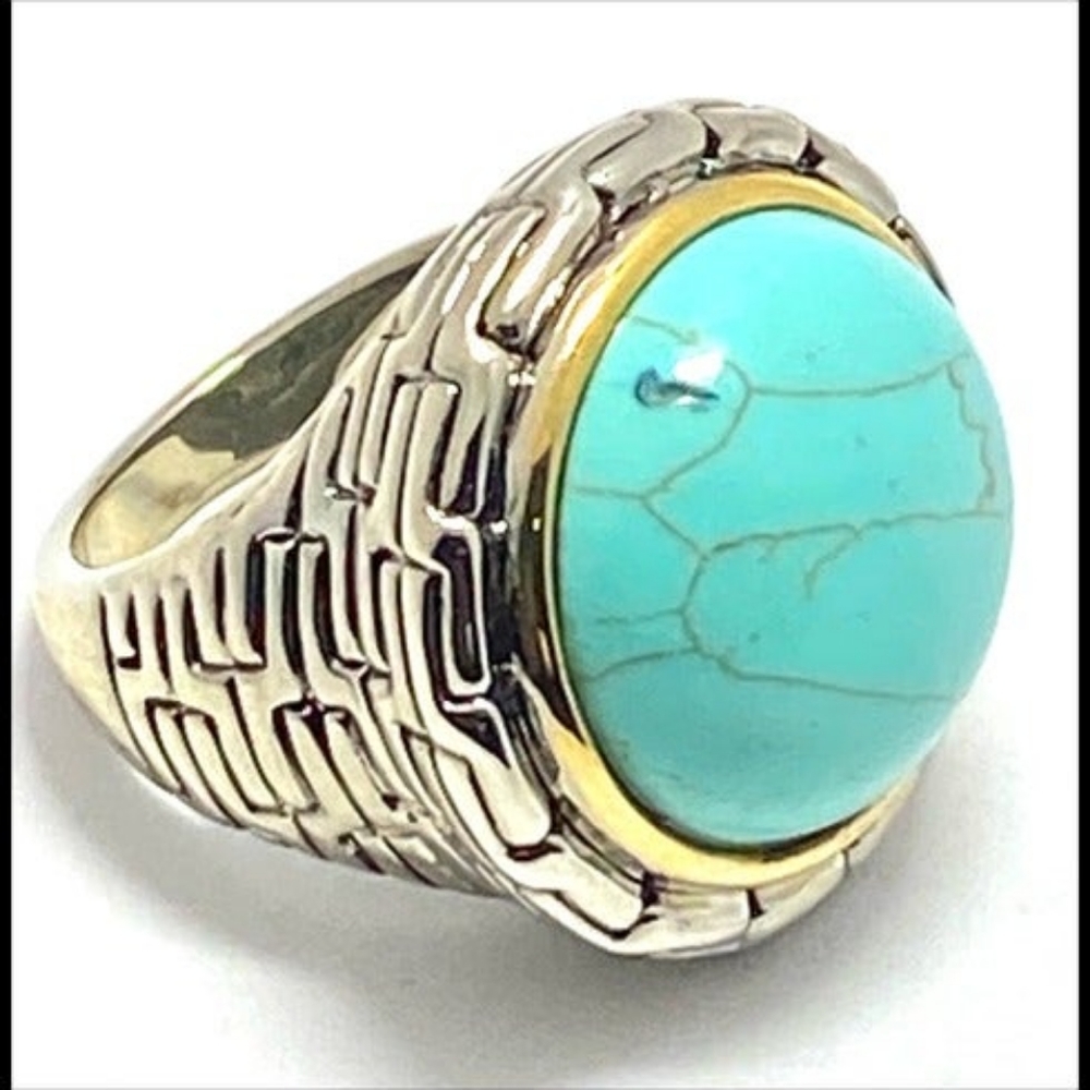 Pressed Turquoise Ring White & Yellow Gold Overlay